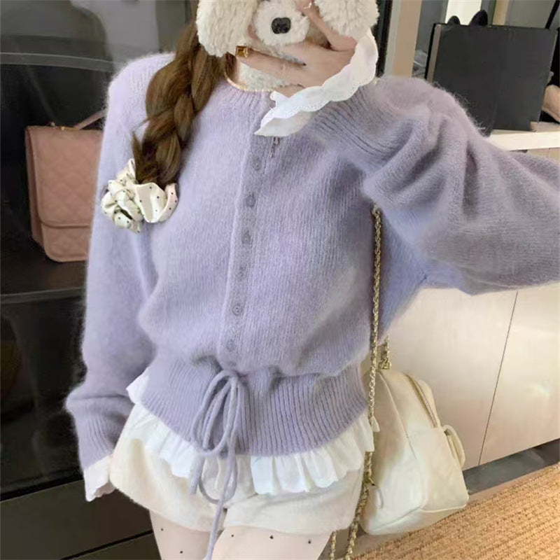 Cardigan en tricot romantique pour femmes avec dentelle et détails de boutons Chic und Stil