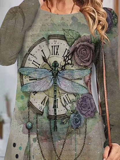 Robe longue artistique à manches longues pour dames avec motif de libellule Chic und Stil