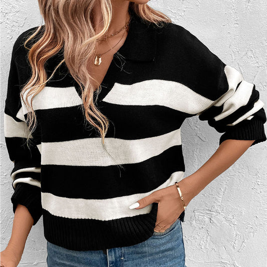 Pull femme rayé avec décolleté en V et manches courtes Chic und Stil