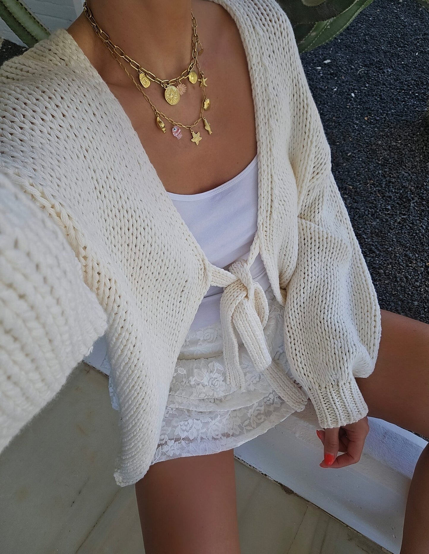 Dames gilet décontracté en tricot avec fermeture à nouer et manches larges Chic und Stil