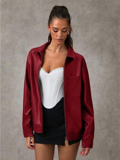 Damen Veste en simili cuir avec coupe oversize et poche poitrine pratique Chic und Stil