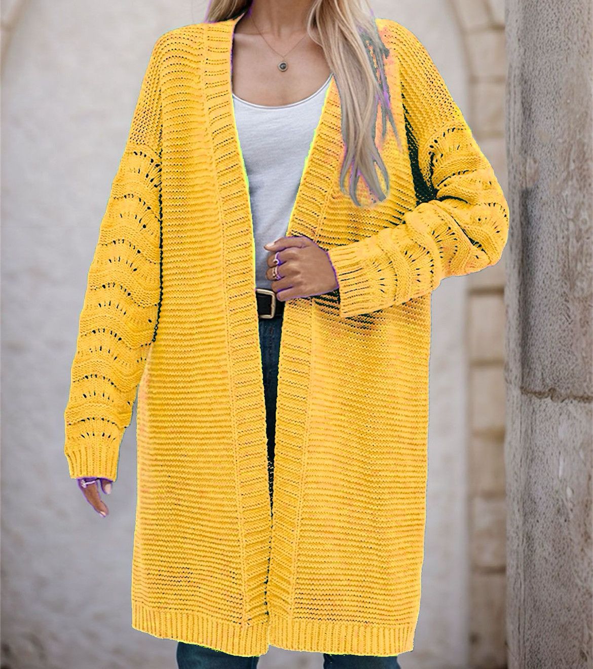Dames Long Pull Cardigan avec une structure de maille aérée et un devant ouvert Chic und Stil