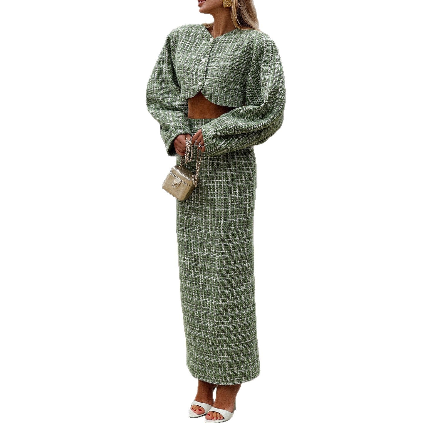 Dames Élégant et moderne ensemble en tweed avec blazer cintré et jupe longue Chic und Stil