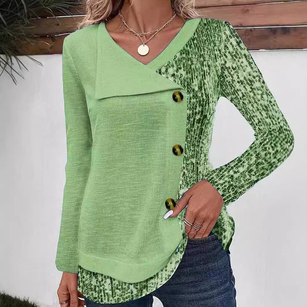 Chemise à manches longues féminine à col asymétrique et détails de boutons décoratifs Chic und Stil