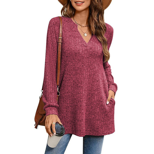 Pull tunique à col V côtelé pour femme Chic und Stil