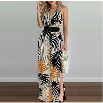 Dames Imprimé Tropical Jumpsuit Haut Fendu Chic und Stil