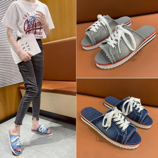 Baskets mules décontractées pour femmes avec denim à la mode et laçage pratique Chic und Stil