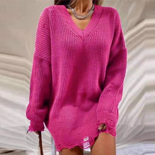 Pull décontracté pour femmes en style oversize avec décolleté en V et franges décontractées Chic und Stil