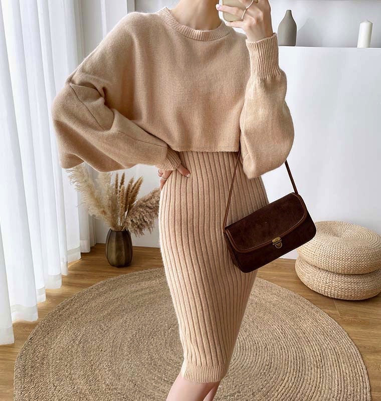 Robe tricot élégante pour femmes avec structure côtelée et manches volumineuses Chic und Stil