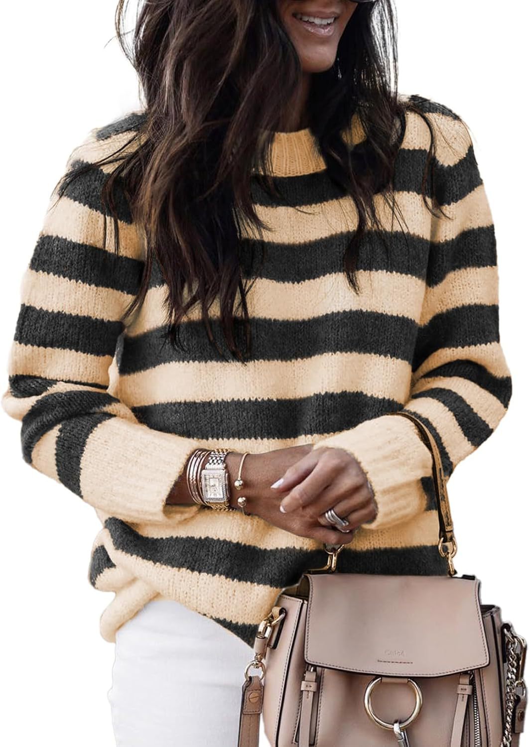 Pull en tricot décontracté pour femmes avec de larges rayures transversales Chic und Stil