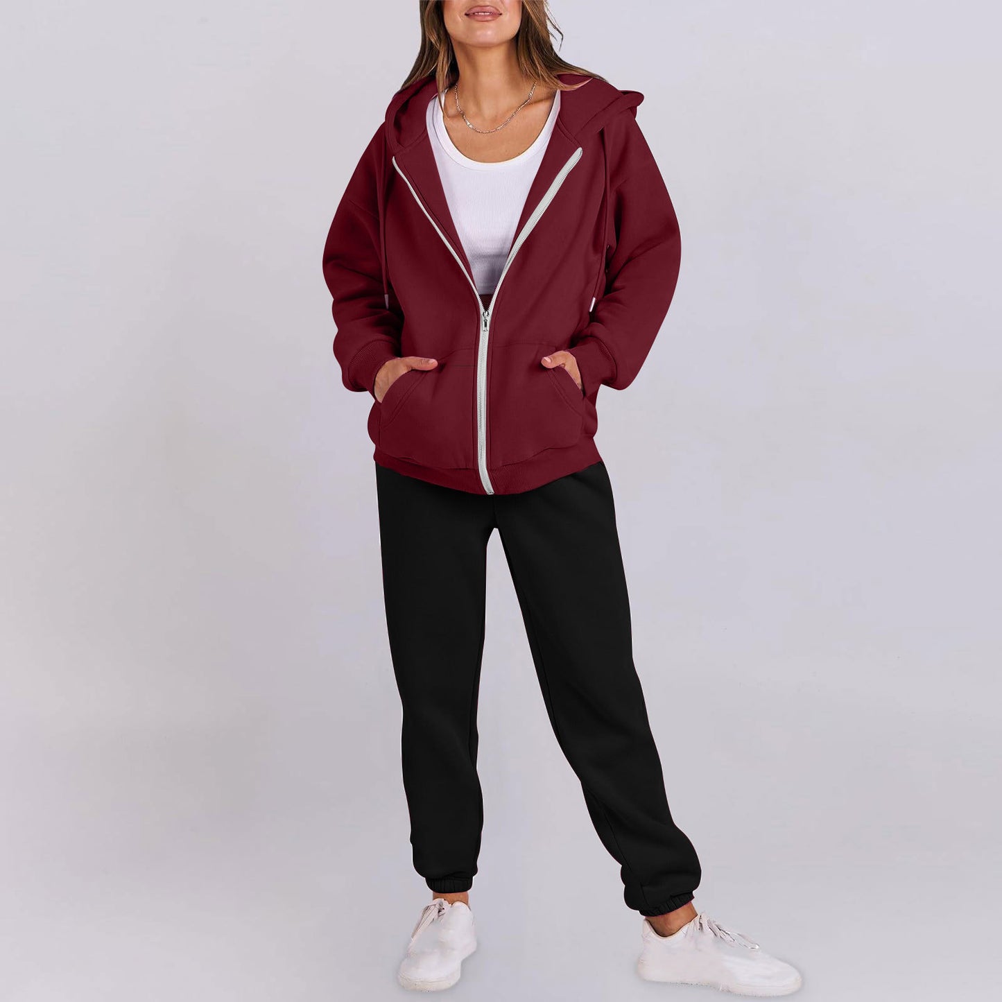 Women's casual zip-up hoodie with a comfortable fit and chic jogger pants