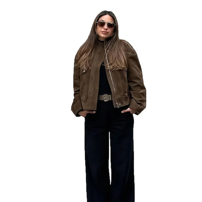Dames Élégante Veste en Cuir Synthétique avec Col Montant Moderne Chic und Stil