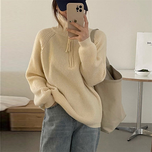 Dames léger pull en tricot avec col haut et fermeture éclair décorative Chic und Stil