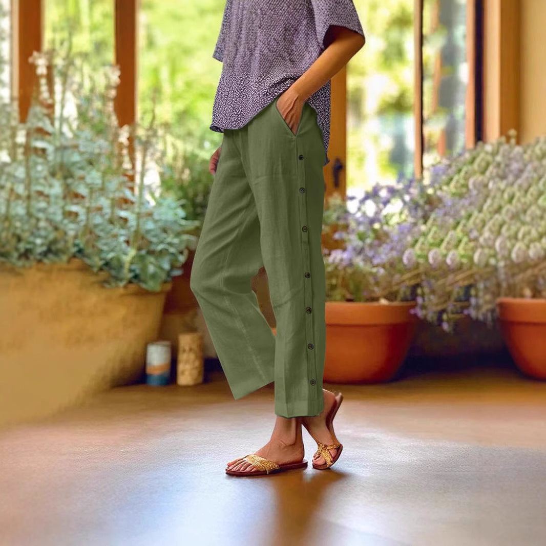 Comfortable linen pants for women with button details Chic and Style