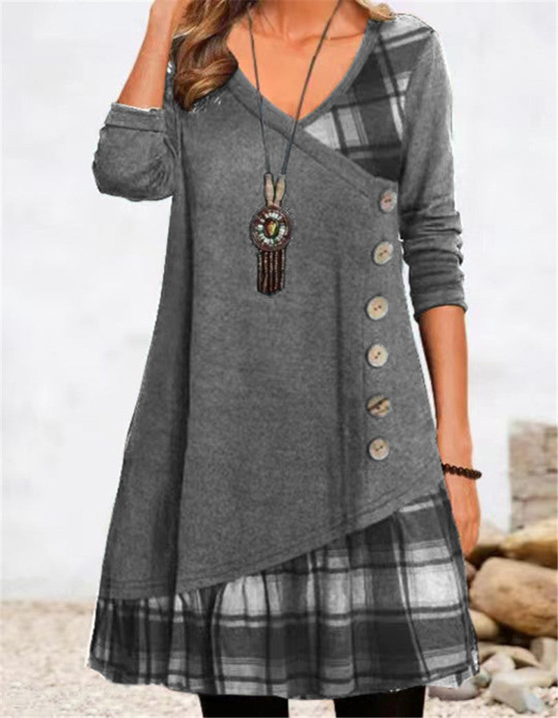 Robe décontractée asymétrique pour femmes avec ourlet à carreaux et détail de bouton Chic und Stil