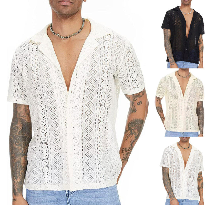 Chemise courte à manches courtes pour hommes avec motif en crochet structuré Chic und Stil
