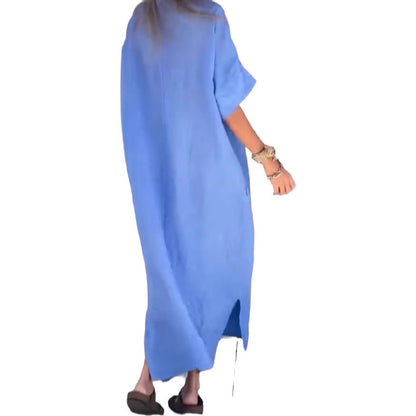 Robe maxi en lin décontractée pour femmes avec décolleté en V et manches larges Chic und Stil