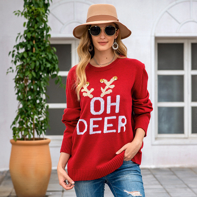 Pull en tricot pour dames avec motif de renne festif et boutons dorés Chic und Stil