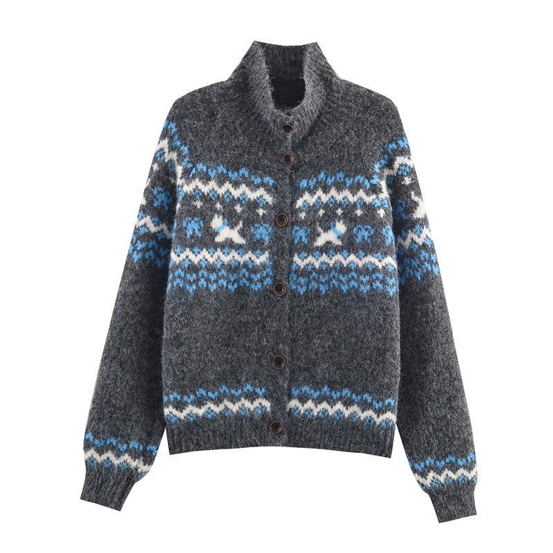 Knit jacket for women with Nordic pattern and high collar Chic und Stil