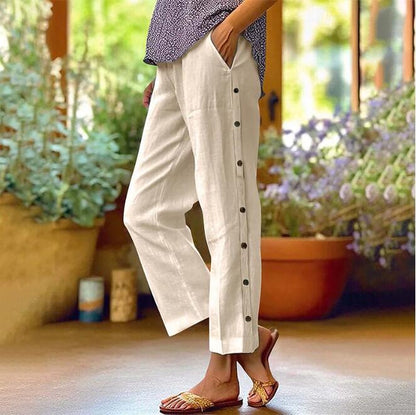 Linen pants for women with side button details and relaxed fit Chic and Style