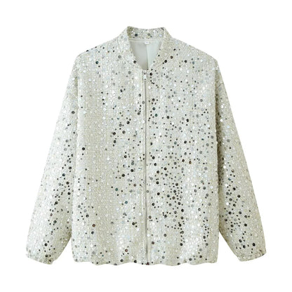 Ladies Sparkling Jacket with Round Collar and Hidden Zipper Chic and Style