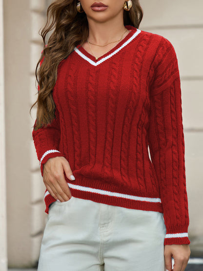 Pull en tricot pour femmes avec décolleté en V et motif en torsade Chic und Stil