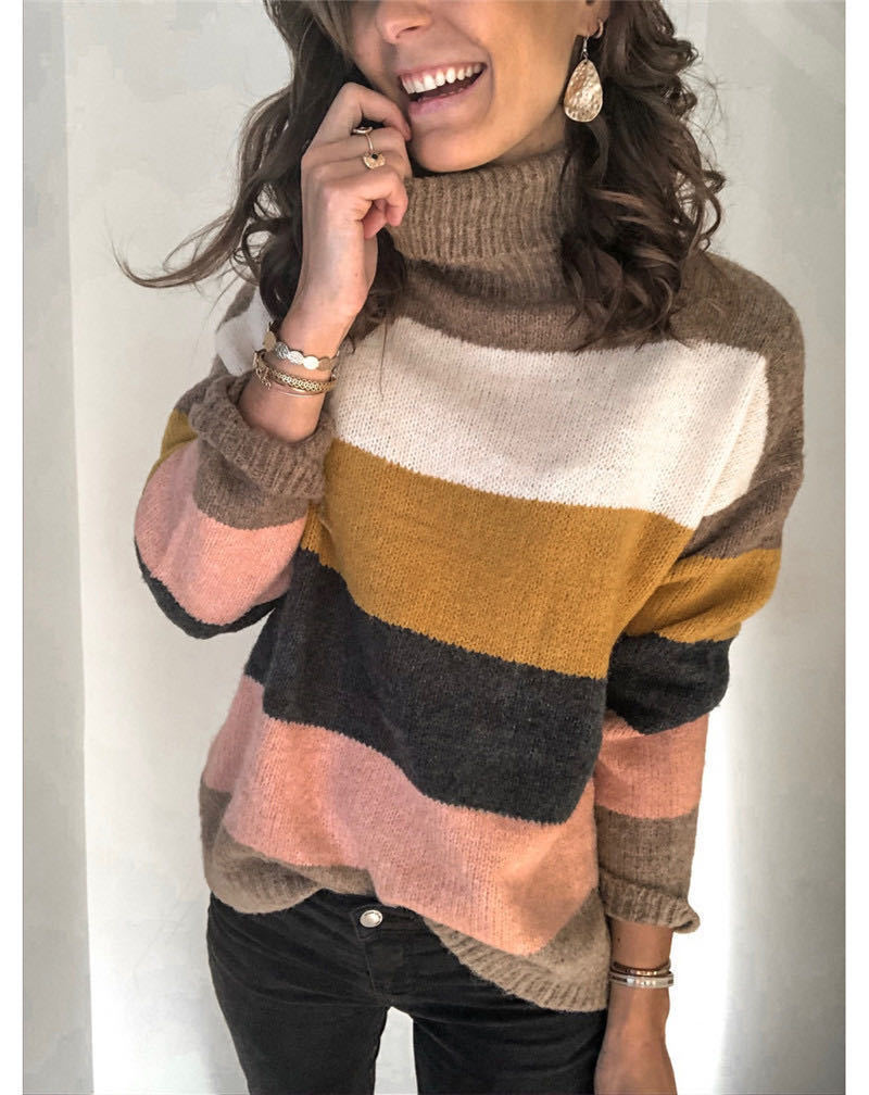 Pull en tricot tendance pour femmes avec col roulé décontracté et design à blocs de couleurs Chic und Stil