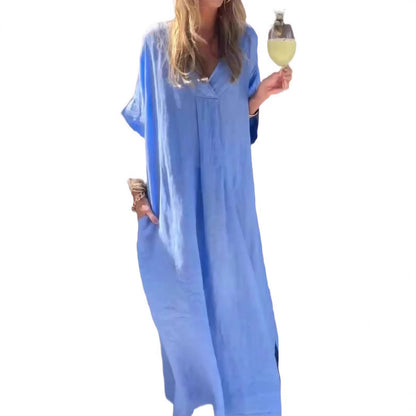 Robe maxi en lin décontractée pour femmes avec décolleté en V et manches larges Chic und Stil