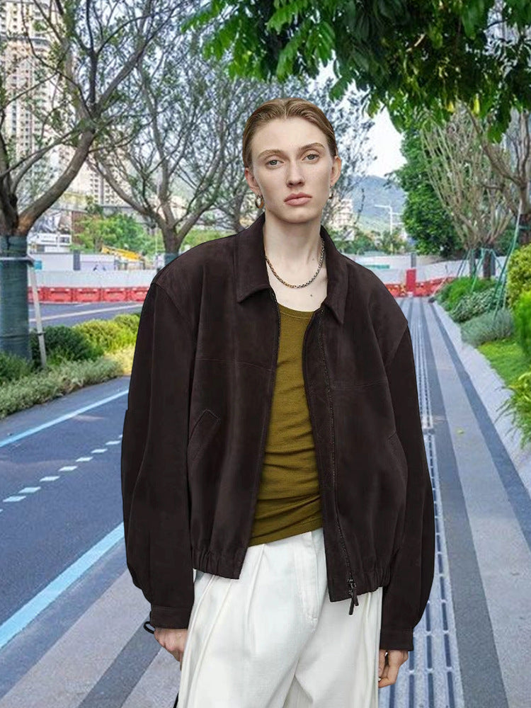 Ladies Luxurious Suede Jacket with Elastic Belt and Casual Cut Chic and Style