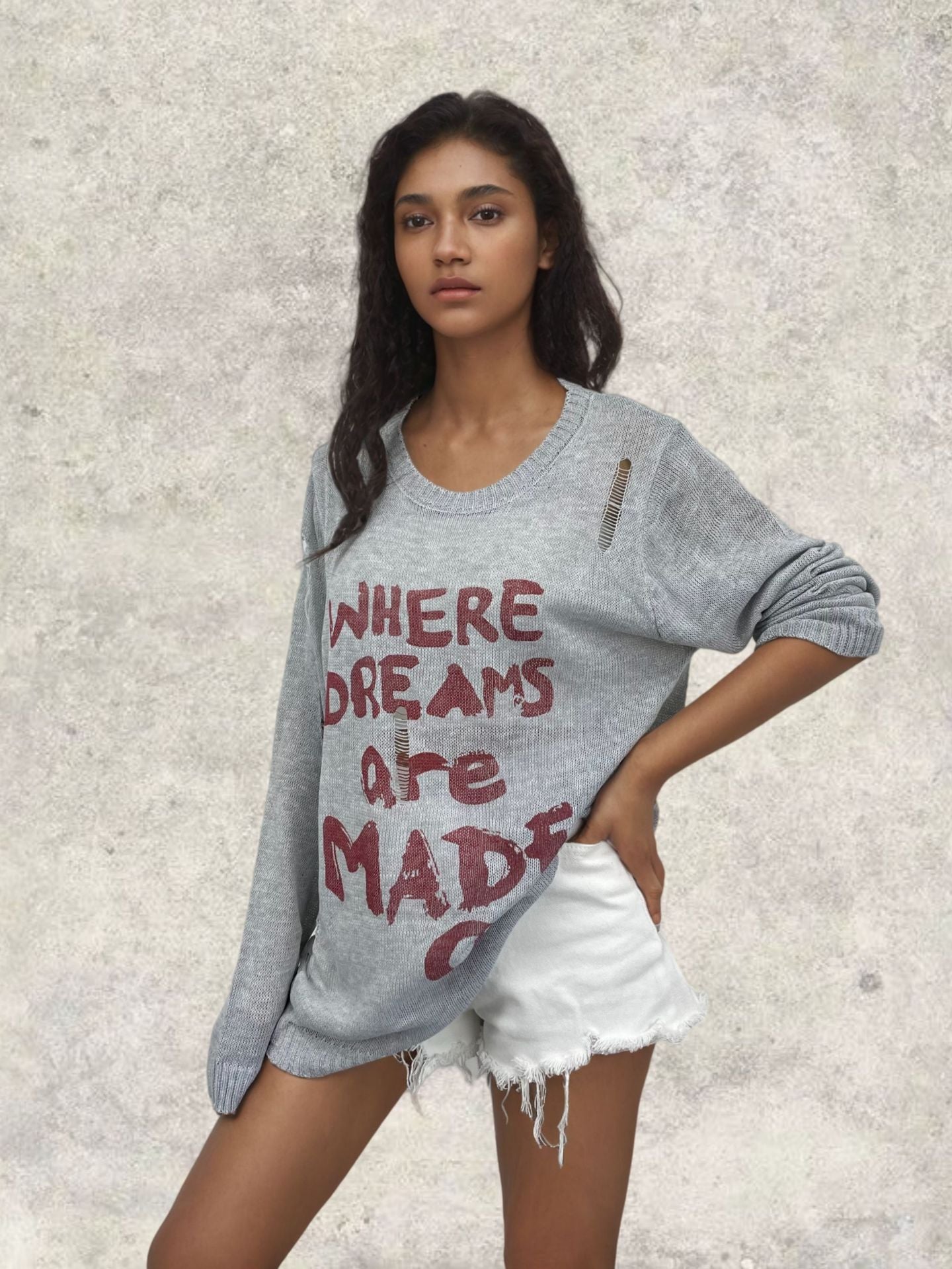 Dames pull oversize décontracté avec inscription accrocheuse et détails en tricot Chic und Stil