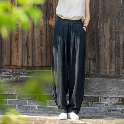 Wide linen pants for ladies with elastic waistband and side pockets Chic und Stil