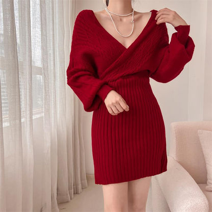 Dames Élégante robe en tricot avec décolleté en V et haut texturé Chic und Stil