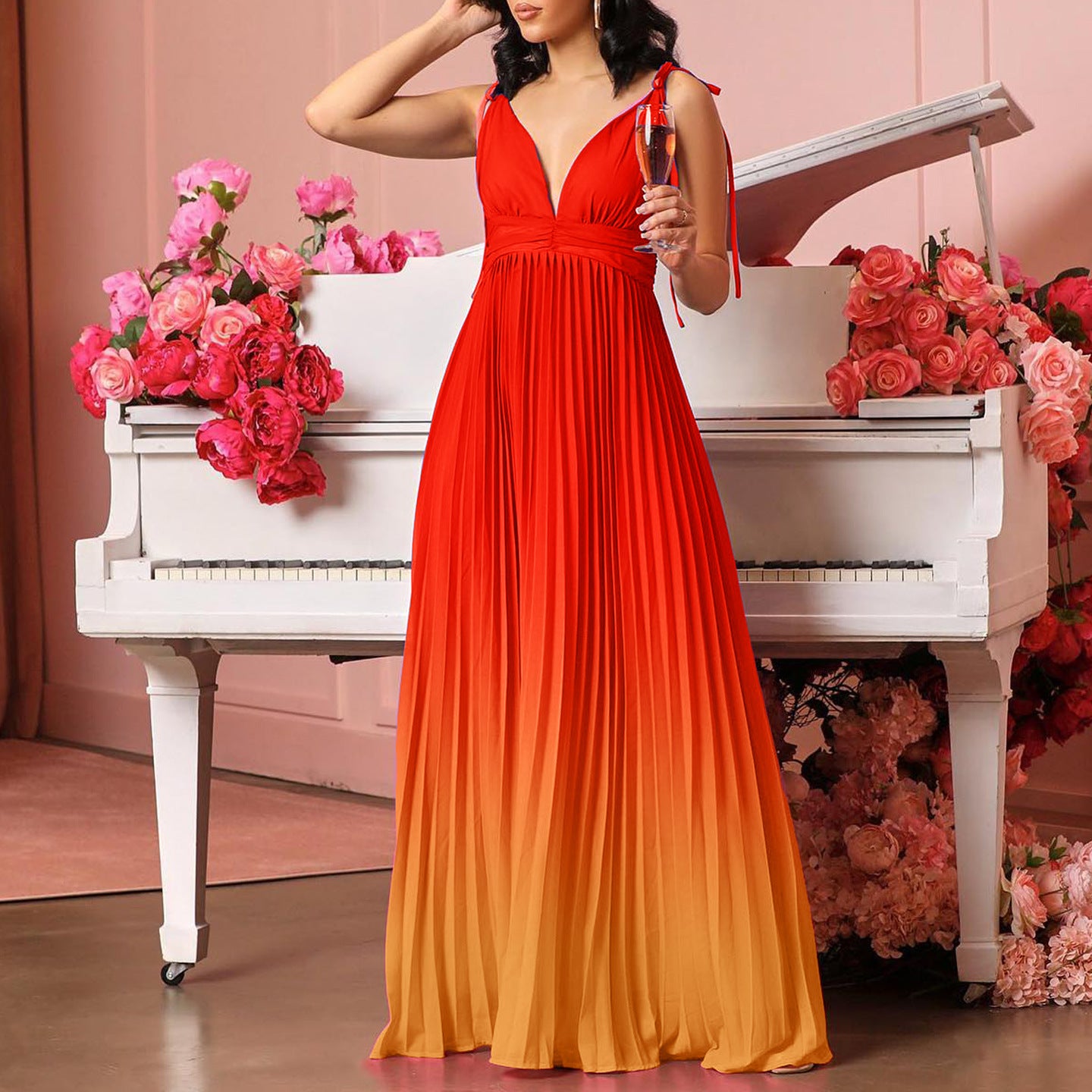 Robe maxi plissée pour femmes avec bretelles réglables et décolleté en V Chic und Stil