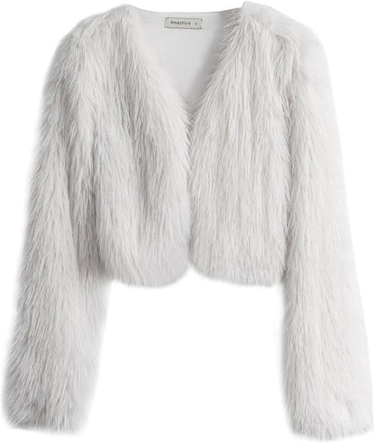 Dames courte veste glamour en fausse fourrure avec manches amples Chic und Stil