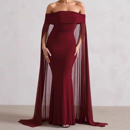 Robe de soirée élégante pour femmes à épaule dénudée avec cape transparente fluide et coupe flatteuse Chic und Stil