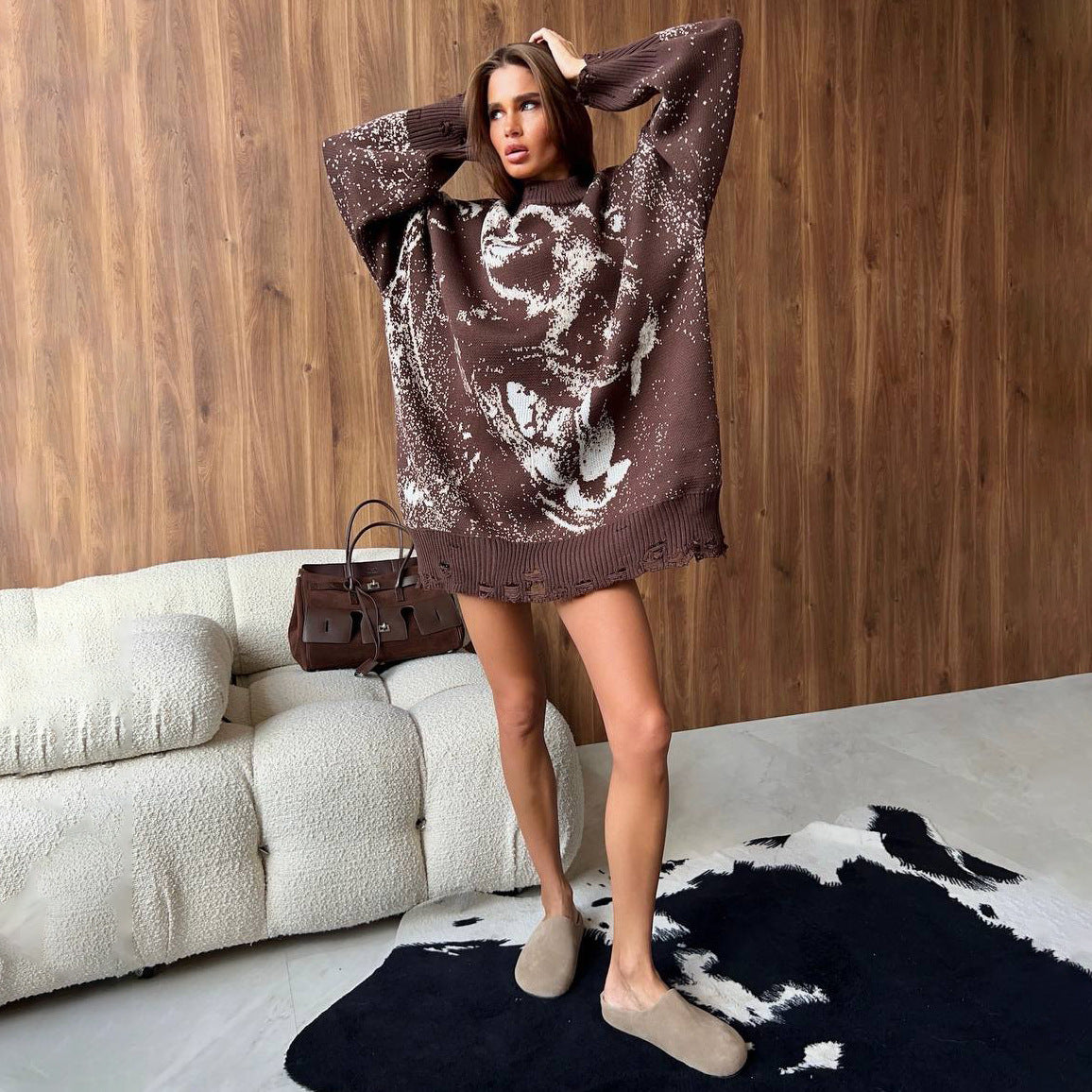 Ladies oversized knit pullover with a creative graphic design Chic and Style