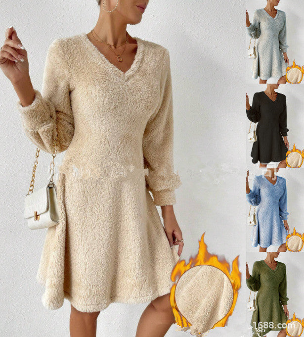 Dames Robe Douce à Col V avec Manches Longues Chic und Stil