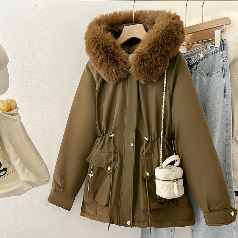 Multifunctional winter jacket for women with removable faux fur collar and adjustable waist drawstring Chic and Style