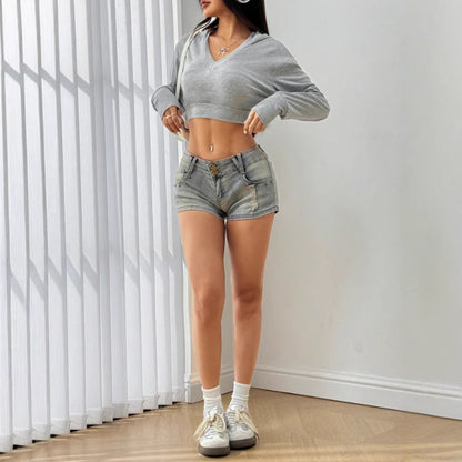 Sweatshirt cropped tendance pour femmes avec décolleté en V et manches longues décontractées Chic und Stil