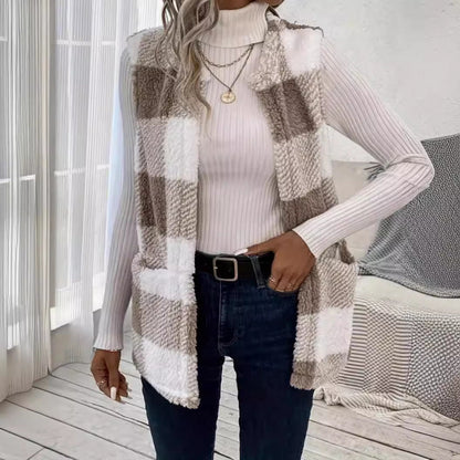 Dames Gilet Douillet avec Motif à Carreaux Tendance Chic und Stil