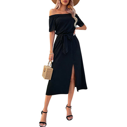 Robe maxi décolleté pour femmes avec fente élégante et ceinture à la taille Chic & Stil