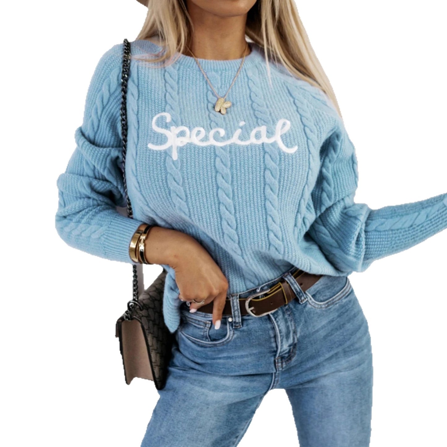 Pull en tricot pour dames avec motif torsadé et inscription brodée Chic und Stil