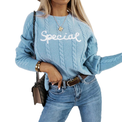 Pull en tricot pour dames avec motif torsadé et inscription brodée Chic und Stil
