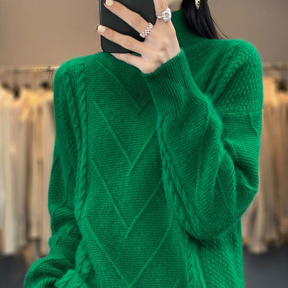 Pull femme en maille épaisse avec un motif en torsades innovant et un col montant haut Chic und Stil