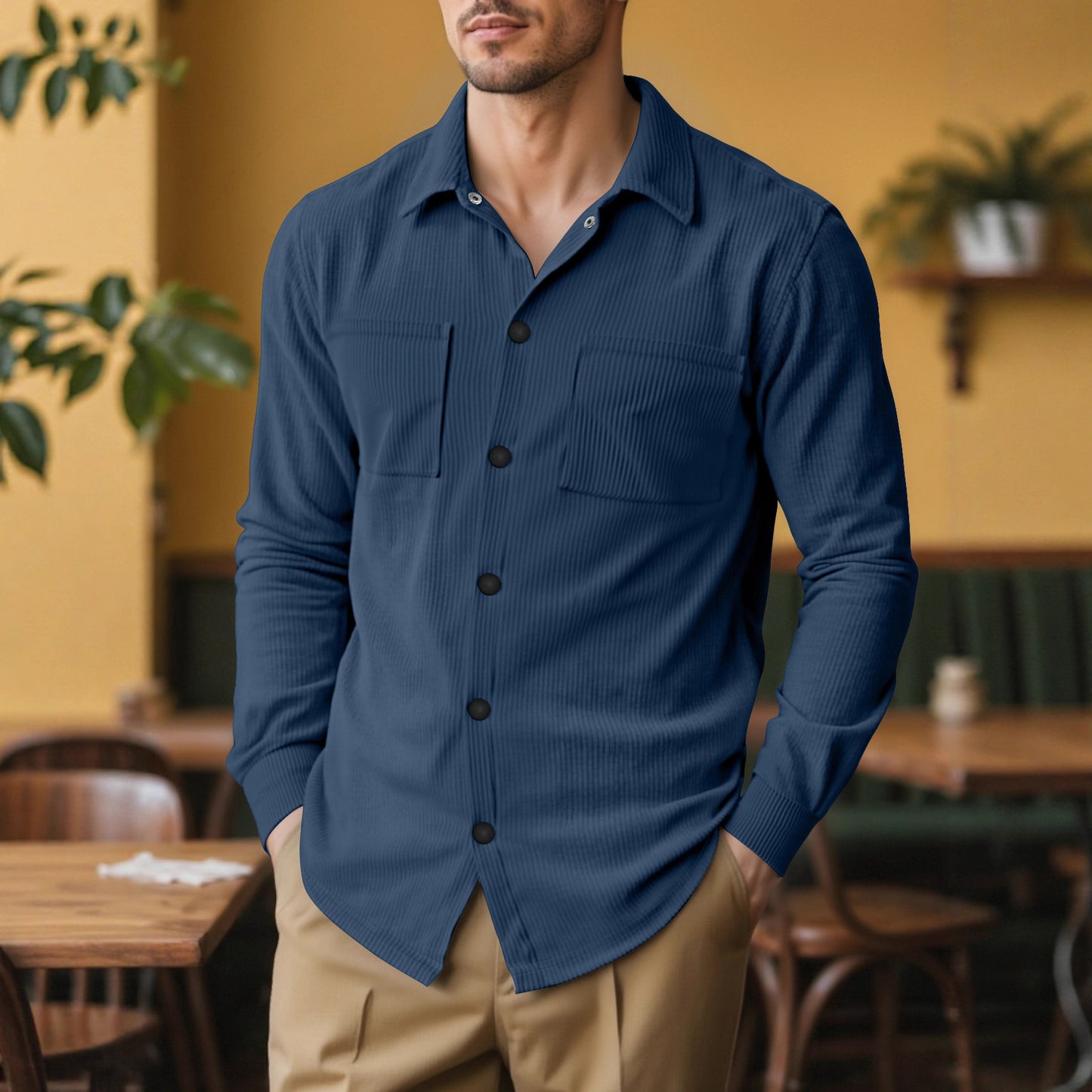 Chemise à manches longues pour hommes avec motif en corduroy texturé et poches poitrines pratiques Chic und Stil