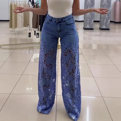 Dames Élégantes et florales Jeans Taille Haute Chic und Stil