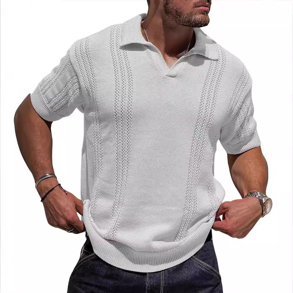 Pull-over en tricot à manches courtes pour hommes avec surface structurée et col polo Chic und Stil
