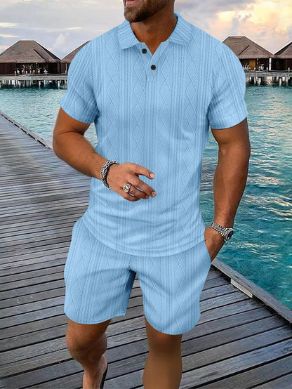 Hommes Ensemble Polo en Tricot Structuré et Shorts Chic und Stil