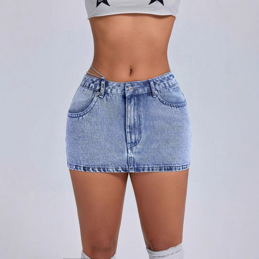 Jupe en denim mini taille haute pour femmes avec effet de lavage à la mode et poches latérales Chic und Stil