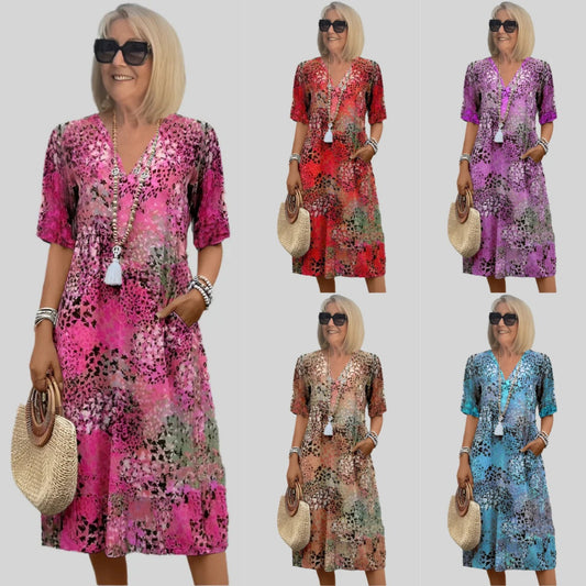 Femme Robe Midi Floral à Décolleté en V Chic und Stil